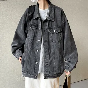 Veste en Jean en Polyester Style Rétro de Hong Kong pour Hommes Décontractée Coupe Large Manteau à Manches Longues Avec Poches Pour Automne Hiver Quotidien