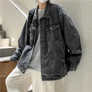 Veste en jean ample gris foncé vintage pour homme streetwear rétro automne haut mode