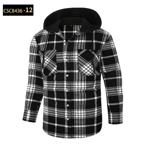 Camicia con cappuccio in flanella a quadri nera e bianca da uomo giacca casual manica