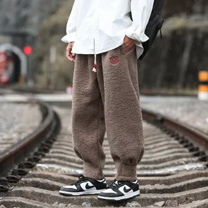 Pantalon en Laine d'Agneau Épaissi pour Homme Style Chinois Broderie Décontracté Large Polaire Chaud Jogging Rétro