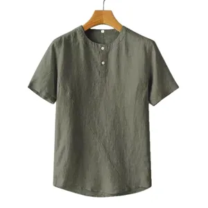 Camisa Hombre Verano Manga Corta Lino Algodón Casual Cuello Mao Camiseta Top Moda