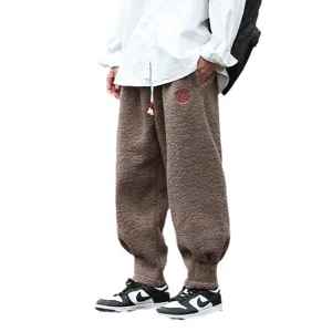 Pantalon Casual en Laine d'Agneau Epaisse d'Hiver pour Homme Jogging Rétro Brodé Style Chinois