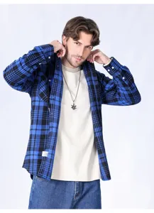 Camicia in flanella a quadri blu e nera da uomo con cappuccio giacca casual top