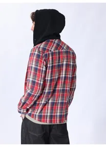 Camicia giacca di flanella a maniche lunghe con cappuccio a quadri rossi uomo