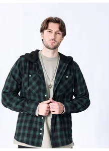 Camicia in flanella a quadri verde e nera da uomo con cappuccio, giacca casual manica.