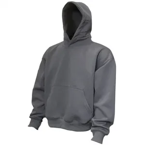 Men's solid grey casual loose short pullover hooded sweatshirt, simple design, main view.