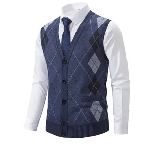 Herren V-Ausschnitt Argyle Strick Strickjacke Weste Ärmelloser Pullover Business.