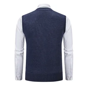 Herren dunkelblaue V-Ausschnitt Strickweste Rückansicht Detail, klassische Freizeit Herbst Winter.