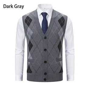 Herren V-Ausschnitt Argyle Strick Pullover Weste Herbst Winter ärmellose Weste in dunkelgrau.