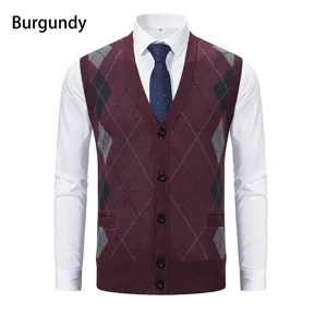Herren V-Ausschnitt Argyle Pullover Weste ärmelloser Strick Cardigan mit weißem Hemd