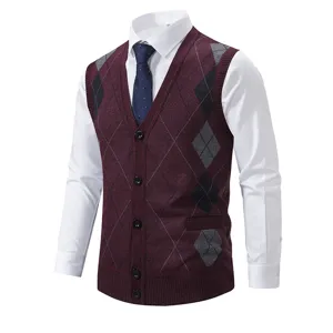 Herren V-Ausschnitt Argyle Strick Pullover Weste mit weißem Hemd für Business Herbst Winter.