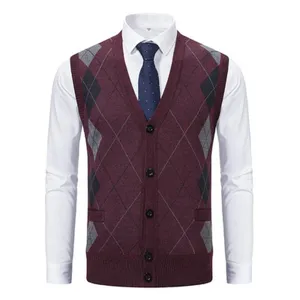 Herren Retro Argyle Strickweste V-Ausschnitt Strickjacke Ärmellose Kaninchenhaarmischung Pullover Weste Für Herbst Winter Casual Top