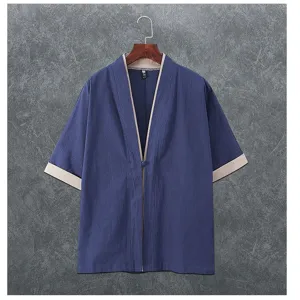 Men's Retro Chinese Style Hanfu Tang Suit Cardigan Linen Frog Button Half Sleeve Casual Outerwear Open Front Top Coat