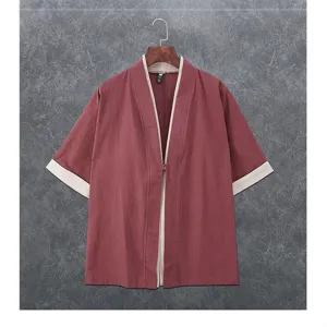 Men's Chinese style linen cardigan half sleeve casual Tang suit vintage outerwear top.