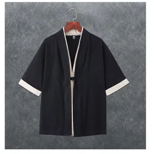 Men's Chinese style linen cotton cardigan short sleeve casual hanfu top with frog buttons.