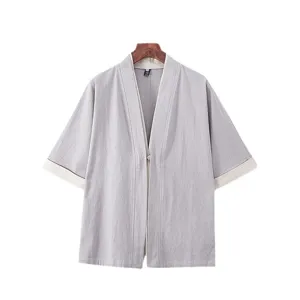 Men's cotton linen Chinese style cardigan half sleeve casual loose top summer outerwear