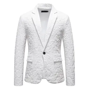 White floral jacquard blazer jacket detail, elegant single button men suit design.