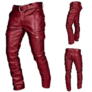 Men red PU leather cargo pants gothic rock motorcycle streetwear trousers with multiple pockets