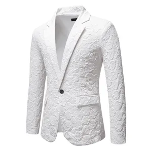 White floral jacquard men blazer slim fit single button business suit jacket detail view.
