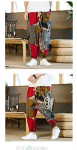 Men's Chinese style summer breathable linen harem pants, casual loose fit trousers detail view.