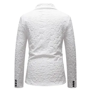 Back view of white men slim fit blazer featuring embossed floral pattern and chic black buttons.
