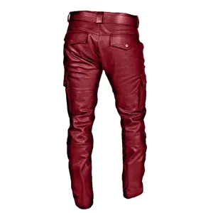 Men dark red faux leather cargo pants gothic motorcycle slim fit trousers stylish