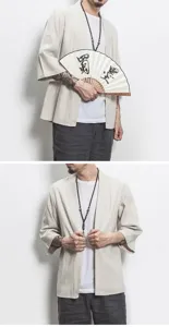 Cardigan de lino estilo chino casual para hombre manga 3/4 retro kimono abrigo de verano