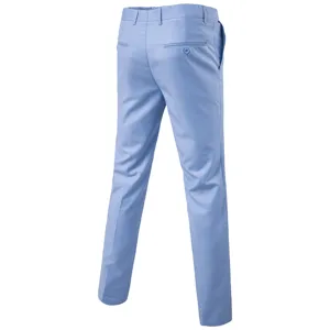 Light blue men's slim fit straight casual business trousers detail view with back pocket.