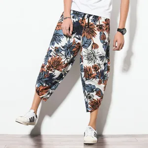 Detail view of men casual floral linen cropped pants, loose fit ethnic style summer trousers.