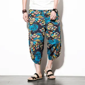 Men's ethnic style printed cropped pants summer casual linen harem trousers for daily wear.