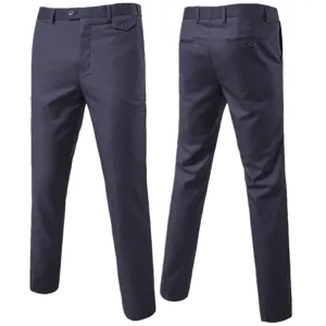 Men's slim straight business casual suit trousers detail view, solid navy blue dress pants.