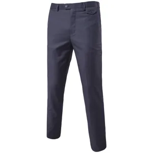 Close-up view of men's slim fit business casual trousers in dark blue color design.