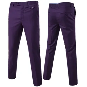 Men's solid purple slim fit suit pants business casual trousers featuring button closure.