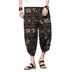 Men's ethnic elephant print cropped pants loose casual cotton linen harem trousers