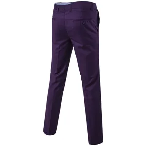 Men's purple slim fit business casual dress pants detail view with clean tailoring and pocket.