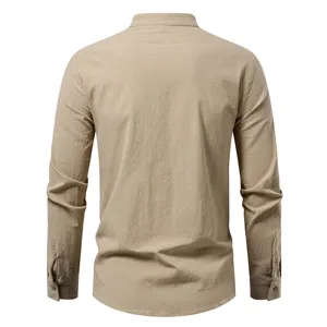 Heren casual langarm katoen linnen hemd effen kleur knoopsluiting khaki achteraanzicht