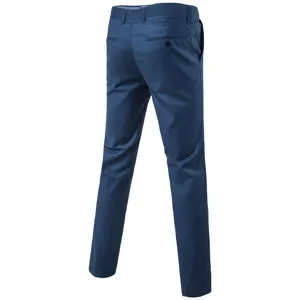 Back view detail of dark blue slim fit men's casual suit trousers showing pocket design.