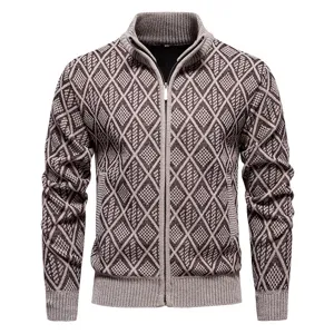 Heren Gebreid Vest Met Opstaande Kraag Herfst Winter Verdikt Slim Fit Ruitpatroon Trui Met Rits Top Voor Casual Wear