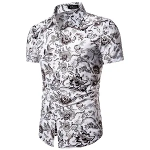 Herren Kurzarm Blumenmuster Hemd Sommer Casual Knopfleiste Mode Oberteil weiss