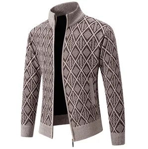 Heren gebreide vest met opstaande kraag casual rits trui met klassiek ruitjespatroon.
