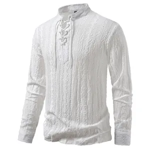 Men's white long sleeve lace-up V-neck jacquard shirt breathable casual top fashion