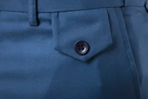 Men casual business trousers pocket and button detail close up view in solid blue twill