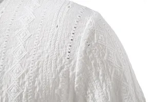 White textured long sleeve men's shirt detail, elegant jacquard breathable fabric top for spring.