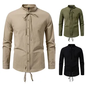 Heren Middeleeuws Piratenhemd Katoen Lange Mouwen Trekkoord Vetersluiting Renaissance Tops Gothic Retro Casual Steampunk Overhemd Slim Fit Effen Kleur Top