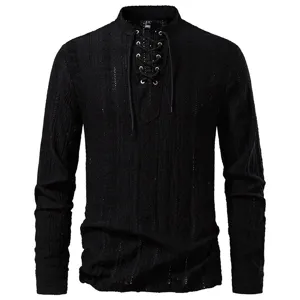 Men's black long sleeve lace up v-neck shirt casual textured jacquard breathable top