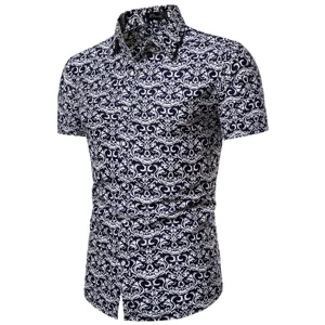 Herren Kurzarm Freizeithemd mit vintage Damast Blumenmuster, schmale Passform Knopfleiste.