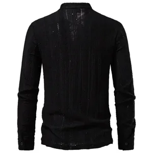 Men's black long sleeve jacquard shirt back detail, breathable fabric and slim fit design.