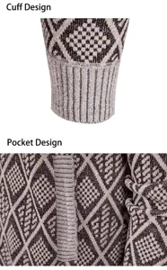 Detailopname van de gebreide cardigan manchet en zak met mooi geometrisch patroon.