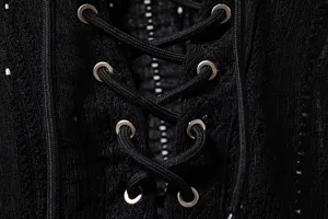 Men's black shirt lace-up metal grommet detail breathable jacquard fabric texture close-up