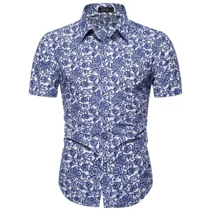 Herren sommer kurzarm blumen druck freizeithemd blau weiss vintage hemd oberteil